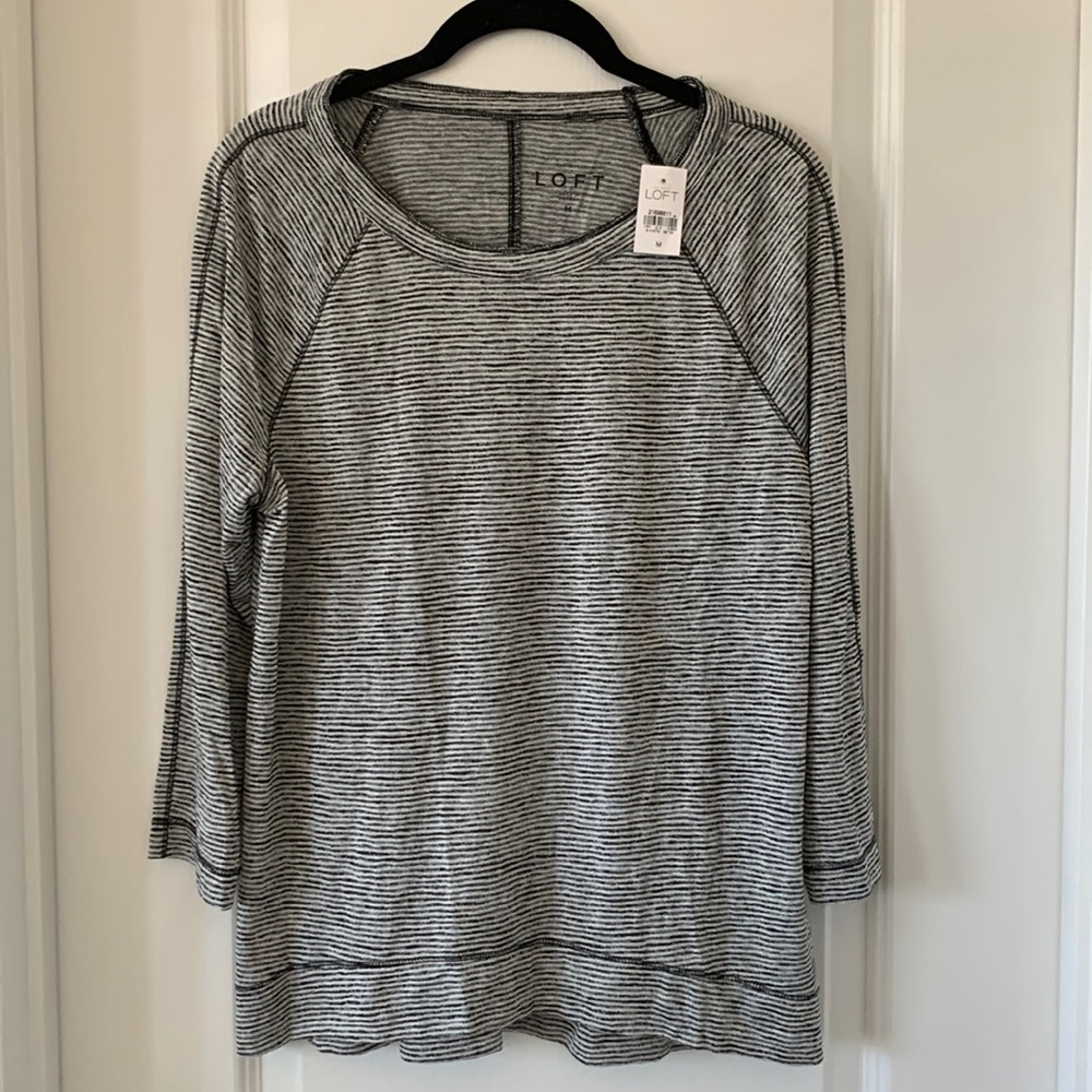 NWT LOFT Black and White Stripes 3/4 Length Sleeves Crewneck Top Size Medium